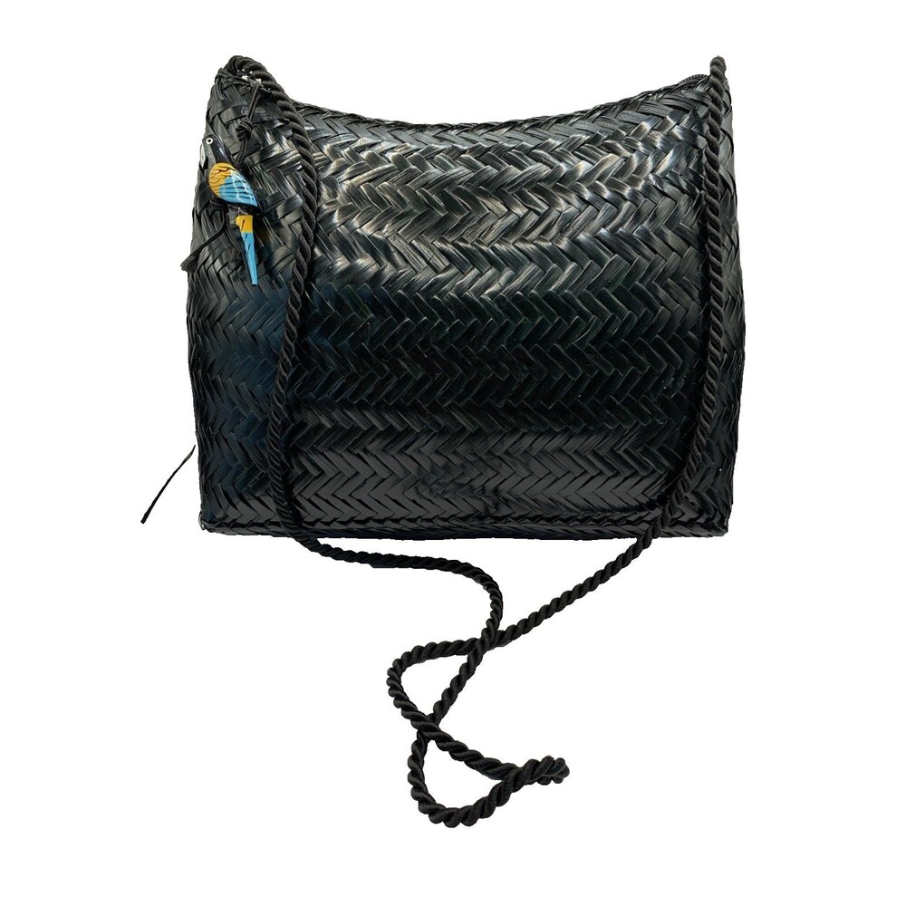 Vtg Wicker Woven Straw Purse Handbag Parrot Charm Black Made In The Philippines